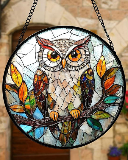 Stained Glass Window Hanging, Owl Colorful Leaves Birds Sun Catchers Diamond Glass Panel Hangings Suncatcher Decor for Birthday for Women, Men, Wife, Aunt, and Mom 7.8 in