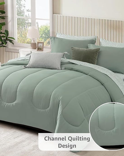 Monbix Full Comforter Set - 7 Pieces Sage Green Bed in a Bag Full Size Track Stitching Bedding Sets, All Seasons Down Alternative Comforter with Sheets,Pillowcases & Shams