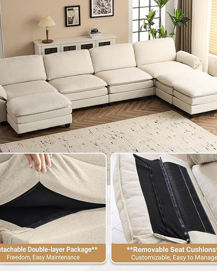 VINGLI 156" Cloud Couch, Comfy Modular Sectional Sofa Set for Living Room,U-Shaped Linen 4-Seat Convertible Loveseat Sofa with 3 Ottoman for Small Space.(Beige)