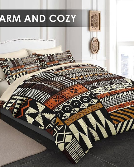 Comforter Set Twin Size, Vintage Tribal African 5 Pcs Bedding for Kids and Adults, Brown Abstract Patchwork Bed Sheet Sets with Fitted Sheet Pillowcase & Sham
