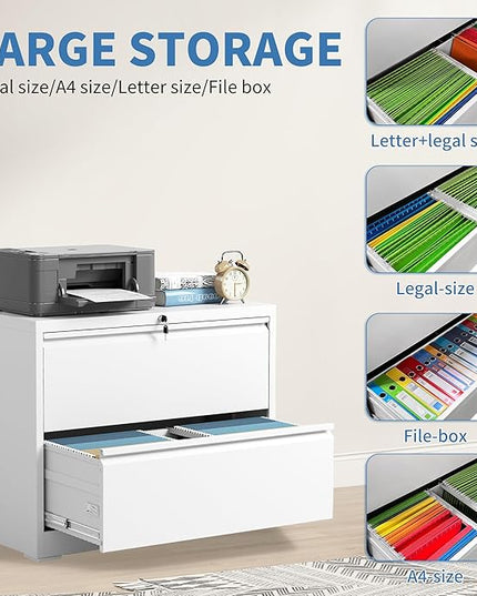 File Cabinets 2 Drawer, Metal Office Storage Filing Cabinet with Lock, White Lateral Filing Cabinet for Home Office,Horizontal Two Drawer File Cabinets for Legal/Letter,Assembly Require,White