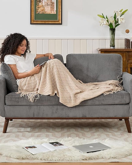 Tbfit Corduroy Couch for Living Room, Mid Century Modern Sofa with Spring Cusions for Bedroom,Comfy Upholstered Couches Easy Assembly with Solid Wood Legs & 2 Pillows (Grey, 65inch)