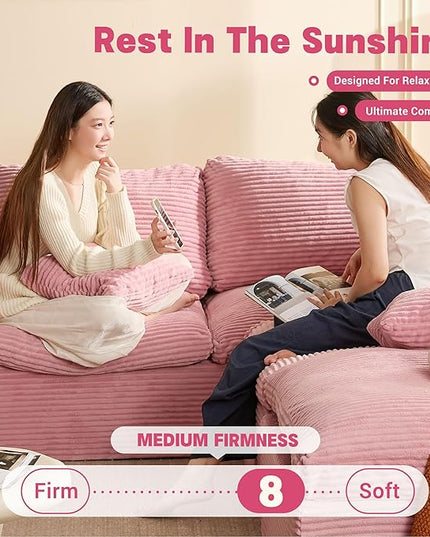 137.8” Sectional Couches for Living Room, Cloud Couch, Modular Sectional Sofa, Convertible Sofas Bed, Deep Seat Sofa, U Shaped Cozy Sofa Furniture Set, Corduroy, Pink