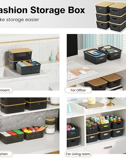 Plastic Storage Baskets With Bamboo Lid - Plastic Storage Containers Stackable Storage bins: Storage Baskets for Organizing Shelves Drawers Desktop Closet Playroom Classroom Office, 6 Pack
