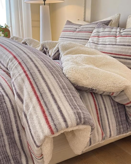 Cyusri Striped Sherpa Comforter Set 3Pcs Fluffy Warm Fleece Down Alternative, Grey Red Bedding Set with 2 Pillowcases, King Size 104"x90"