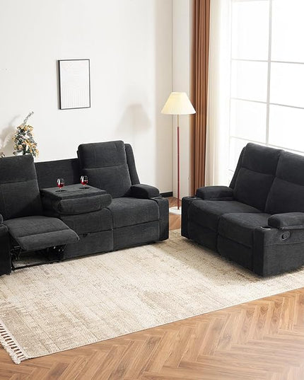 Manual Living Room Reclining Sofa Set, Comfy Chenille Loveseat Recliner Sofa & Deep Seat Reclining Couch, RV Wall Hugger Recliner Sofa Set for Living Room Furniture Sets(Black)