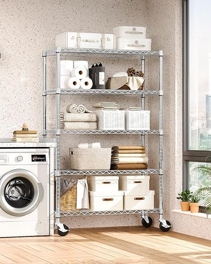 5-Shelf Storage Shelves,Wire Shelving Heavy Duty Metal Storage Shelving Unit Adjustable Garage Shelving Rack Pantry Kitchen (Chrome, 5 Tier,17.7" D x 47.2" W x 76.7" H)