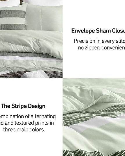 Queen Comforter Set, 3 Pieces Striped Bed Set, Soft Brushed Microfiber Reversible Bedding Set for All Season, Lightweight & Breathable Bedding Set with Comforter & Shams, Sage Green