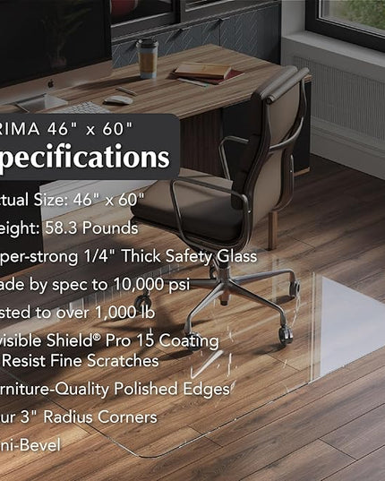 Vitrazza Glass Chair Mat 46” x 60” Superior ¼ Thick, Chiaro Standard Clear, Certified Tempered Safety Glass, Delivers a Smooth Glide, Protects Carpet or Wood, Beautiful in Home or Office.