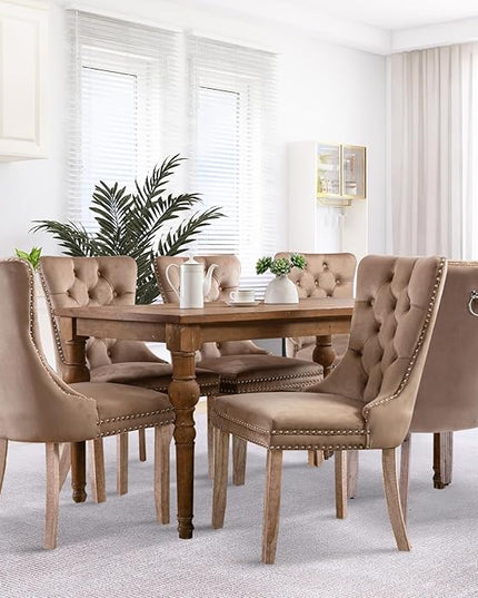 SoarFlash Velvet Dining Chair Set of 8, Upholstered Tufted Dining Room Chair with Nailhead Trim and Solid Wood Leg for Kitchen (Khaki)
