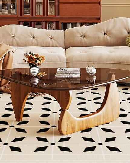 Coffee Table for Living Room Mid Century Modern Center Table with Glass Top and Wood, Brown/Walnut