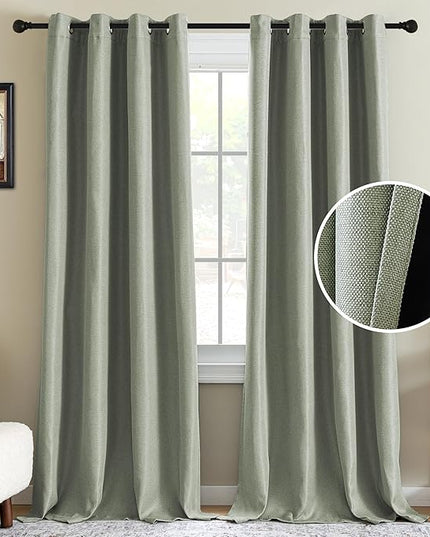 H.VERSAILTEX 95% Blackout Linen Curtains 108 Inches Long for Bedroom/Living Room Thermal Insulated Grommet Curtain Drapes Primitive Textured Burlap Effect Window Drapes 1 Panel - Heather Sage/Black
