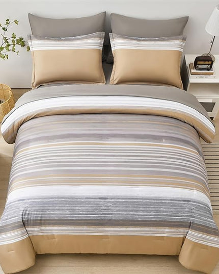 KAKIJUMN 7 Piece Bed in a Bag Stripe Comforter Set King Size, White Grey Khaki Patchwork Striped Comforter and Sheet Set, All Season Soft Microfiber Complete Bedding Set(Khaki,King)