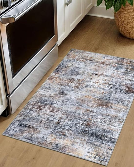 IOHOUZE Small Abstract Area Rug 2x3 Ft Entryway Rugs Washable Door Mat Indoor Entrance, Rubber Backed Throw Rugs, Printed Faux Wool Non Slip Floor Carpet for Foyer Front Door Sink, Orange Grey