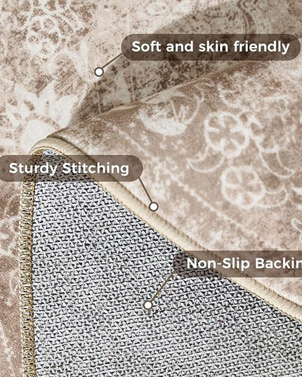 jinchan Round Rug 8ft Area Rug - Brown Vintage Floor Mat Kitchen Indoor - Washable Circle 8' Thin Floral Print Carpet Retro Farmhouse Non Slip Dining Room Living Room Bedroom Office