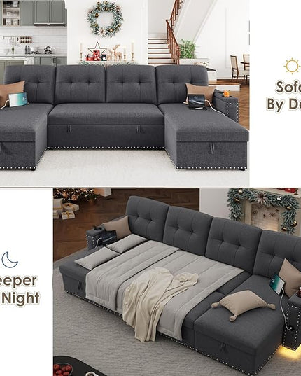 HIFIT 106" Sectional Couches for Living Room- Pull Out Sleeper Sofa Couch w/Storage Chaise,Storage Armrest,LED Light&USB Port&Cupholder, Modern Linen U Shaped Home Sofa Living Room Furniture Set, Grey