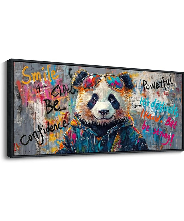 JEAWA Framed Canvas Wall Art - Extra Large Panda Abstract Graffiti Street Art Wall Picture Black and White Paintings Ready to Hang Living Room Bedroom Home Office Inspirational Decor 31.5x70 IN
