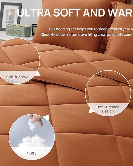 Love's cabin California King Comforter Set Terracotta, 7 Pieces California King Bed in a Bag, All Season Bedding Sets with 1 Comforter, 1 Flat Sheet, 1 Fitted Sheet, 2 Pillowcase and 2 Pillow Sham