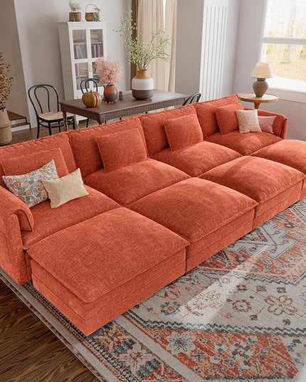 ELUCHANG Oversized 153" Modular Sectional Sofa, Comfy Deep Seat Cloud Couch, Sleeper Sofa Bed, 8 Seat Modern Couch with Removable Cover for Living Room, Apartment, DIY Combination, Chenille Terracotta