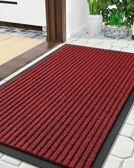 Yimobra Front Door Mat Outdoor Indoor Entrance, 100% Waterproof All-Season All Weather Doormat, Welcome Matt Outside Entry, Non Slip, Low Profile, Heavy Duty Patio Porch Floor Mats,36 x 17,Black Red