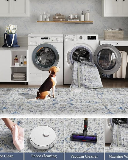 jinchan Kalen Runner Rug 3x10 Washable Area Rug Soft Vintage Indoor Floor Cover Thin Retro Distressed Blue Multi Carpet Floral Print Country Non Slip for Bathroom Kitchen Bedroom Living Room