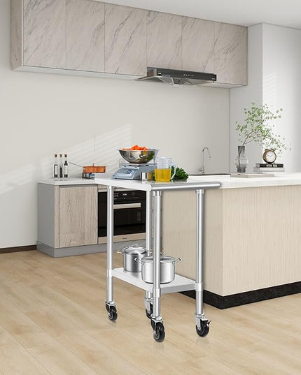 HARDURA Stainless Steel Commercial Work Table with Wheels Prep & Work Metal Table 30×18 Inches Heavy Duty NSF with Casters and 2" Backsplash