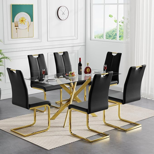 HomVent 7 Pieces Rectangular Glass Dining Table Set, Glass Kitchen Table Set for 6 Dinner Table Set with 6 PU Dining Chairs for Kitchen Dining Room