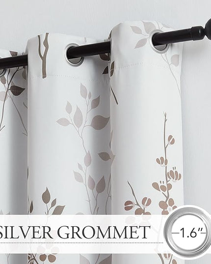 Beauoop Floral 100% Blackout Curtains 72 Inches Long 2 Panels for Bedroom Living Room Tan Brown and White Flower Patterned Room Darkening Thermal Soundproof Grommet Window Treatments Drapes, 52X72