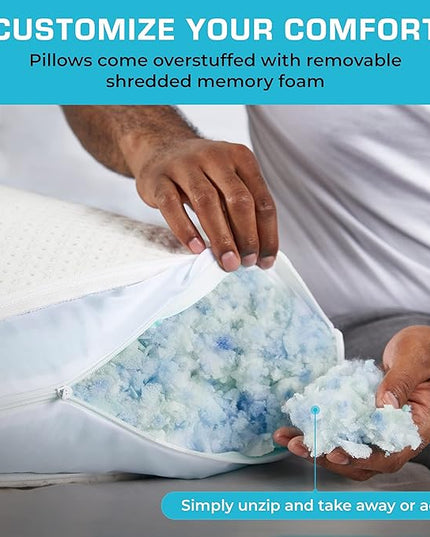 Xtreme Comforts Standard Bed Pillow for Sleeping | Adjustable Shredded Memory Foam Pillows with Removable Cooling Cover | Fluffy Pillows Support for Side, Back & Stomach Sleepers