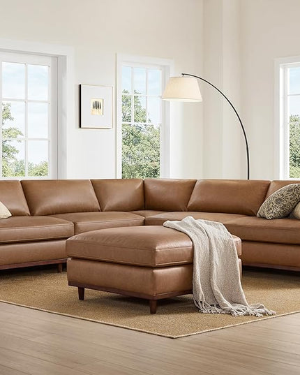 CHITA 114" Super Large Luxury V Shape Corner Sectional Modular Sofa, Down Filled Modern Sofa, Deep Seat Comfty Cloud Couch, 5 Seat Couch with Chaise, Solid Wood Leg, Faux Leather in Camel