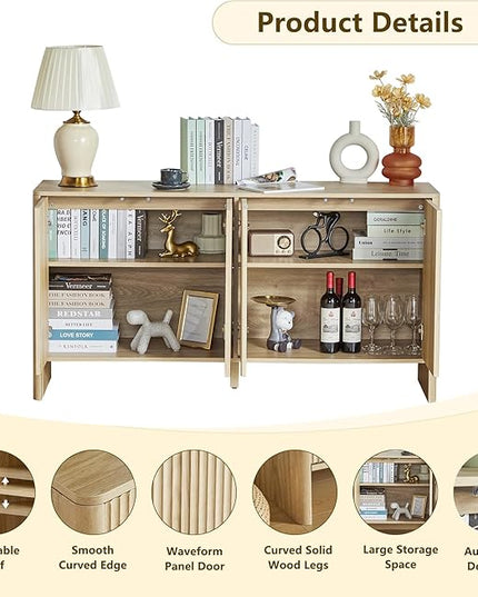 Sideboard Buffets Cabinet, Modern Accent Storage Cabinet with 4 Fluted Doors and Adjustable Shelves, Wood Credenza Buffet Sideboards, Console Table for Kitchen Dining Living Room Entryway (Natural)