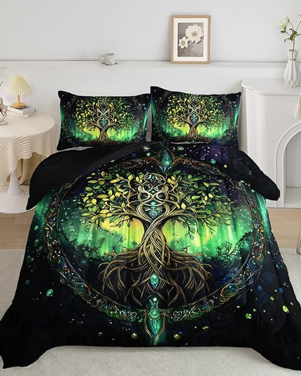 AILONEN Tree of Life Bedding Queen, Green Plant Starry Bohemia Comforter Set, Soft Lightweight Comforter Set, Exotic Boho Bedding 3-Piece, 1 Comforter + 2 Pillowcases
