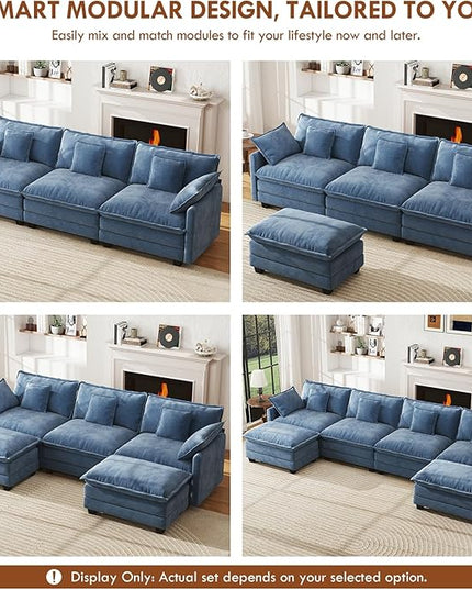 WorthFurni 77 Inch L Shape Cloud Sofa, Modular Sectional Couch with Ottoman, Comfy Chenille Deep Seat Loveseat with Pillow for Living Room Bedroom Apartment (Blue)