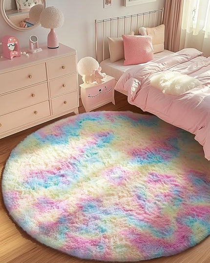 Ophanie Round Rug 6Ft Rainbow Circle Area Rug, Cute Room Decor for Teen Girls, Fluffy Fuzzy Bedroom Carpet, Plush Soft Shaggy Living Room Rugs for Kids Home Decor Aesthetic, Nursery