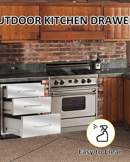 Outdoor Kitchen Drawers 20" W x 27" H x 23" D Flush Mount Triple BBQ Drawers with Chrome Handle Stainless Steel Drawer for Outdoor Kitchen Island, Patio Grill Station