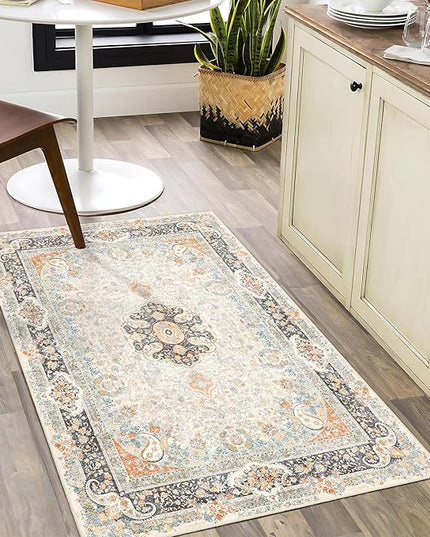 Small Rugs 2x3,Vintage Rug for Entryway Bathroom Bedroom Kitchen Entrance Doormat,Boho Bohemian Distressed Washable Accent Floor Throw Carpet Non Slip,Retro Blue Grey Floral