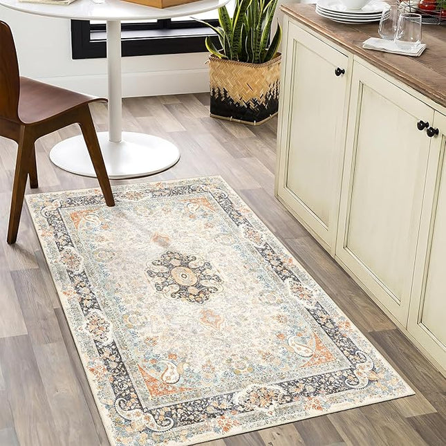 Small Rugs 2x3,Vintage Rug for Entryway Bathroom Bedroom Kitchen Entrance Doormat,Boho Bohemian Distressed Washable Accent Floor Throw Carpet Non Slip,Retro Blue Grey Floral