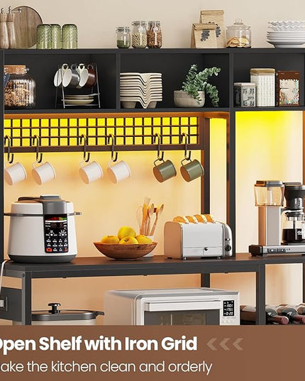 Itaar 47.2 Inch Bakers Rack with Power Outlet, Microwave Stand with Storage, Farmhouse Coffee Bar Cabinet Station with Wine Rack, Iron Mesh and 8-S Hooks (Black)
