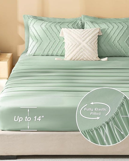 Litanika Super King Plus Size Comforter Set with Sheets Sage Green - 7 Pieces Bed in a Bag Oversized King Boho Tufted Complete Bedding Sets with Comforter, Sheets, Pillowcases & Shams