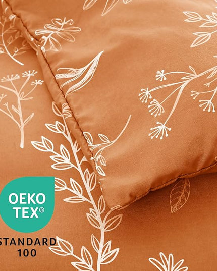 MUXHOMO Burnt Orange Bed in a Bag King 7 Pieces, King Comforter Set Reversible Botanical Flowers Design, Ultra Soft & Breathable Bedding Sets with Comforter, Sheets, Pillowcases & Shams
