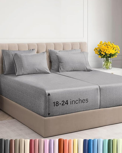 Extra Deep Split King Sheet Set - 7 Piece Breathable & Cooling Sheets - Hotel Luxury Bed Sheets Set - Easy Fit - Soft, Wrinkle Free & Comfy Sheets Set - Heathered Grey Sheet Set w/Extra Deep Pockets