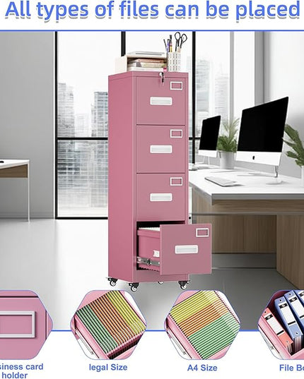 METAN 4 Drawer File Cabinet on Wheels, Lockable Metal Filing Cabinet with Handle and Name Card for Office Home,Assembly Required,Pink