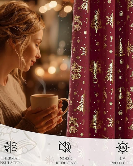 NICETOWN 2 Panels Christmas Red Curtains 52 x 108 Inch, Gold Stamping Grommet Drapes for Holiday Decoration, Christmas Style Window Treatment for Living Room Bedroom, Home Decor