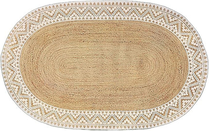 voyzz home 5x8 Feet-Oval, Premium Natural Jute Braided Area Rug, White Printed Border, Stain Resistance, Natural Brown, Handmade Rug for Entryways, Living Room, Dining Room, Bedroom, Office, Farmhouse