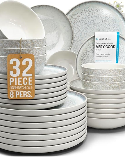 Stoneware dinnerware set 8 persons 32 pcs - Mediterranean dinnerware set, dishwasher, microwave and scratch resistant - Bowl and plate set - Dinnerware Pure Living Light Beige…