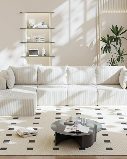 138" Boneless Couches for Living Room, Modular Cloud Couch Sofa - 4 Pieces L Shap Corduroy Sectional Sofa, Fluffy Memory Foam Sleeper Sofa Furniture, No Assembly, Wide Armrest, Beige