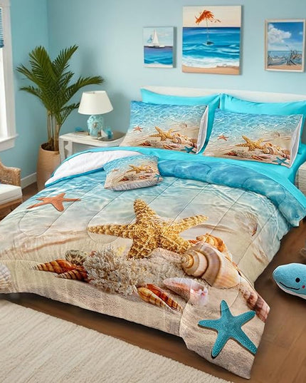 Bedbay Beach Comforter Sets Queen Size 8 Pieces Beachy Bedding Set Turquoise Comforter Set with Sheets Beach Themed Bedding Ultra Soft Bed in a Bag Queen for All Season(Teal,Queen)