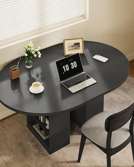 59'' Extendable Dining Table for 4-8, Round Kitchen Room Table with 3-Tier Storage Racks, Adjustable Shelves, Wooden Pedestal Base, for Kitchen, Dinner, Living Room, Office, Black
