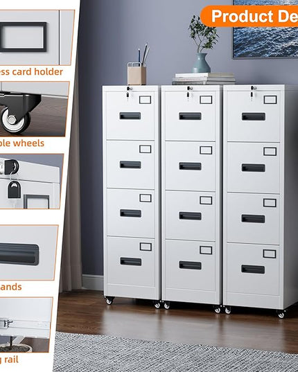 METAN 4 Drawer File Cabinet on Wheels, Lockable Metal Filing Cabinet with Handle and Name Card for Office Home,Assembly Required,White