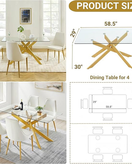 Edwin's Choice 58.5” Rectangle Glass Dining Table, Tempered Glass Table Top and Metal Tubular Legs, Modern Style Table for Home, Kitchen, Dining Room 58.5”Lx29”Wx30”H, Gold